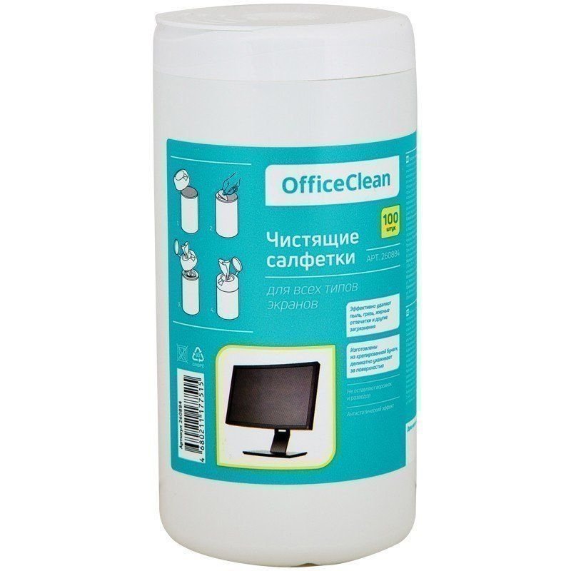 Чистящие салфетки для экранов OfficeClean в тубе 100шт