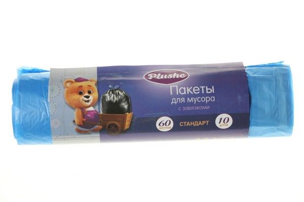 Мешки для мусора 60л 60х70см 15мкм 10шт/рул Plushe синие ПНД с завязками