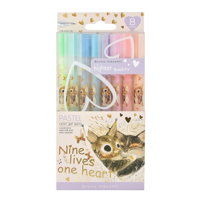 Набор гелевых ручек 8цв Bruno Visconti UniWrite Pastels Котики,Счастье 0,8мм европодвес
