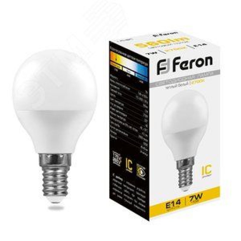 Лампа светодиодная Feron 7Вт эквивалент 60Вт Е14 шар теплый белый
