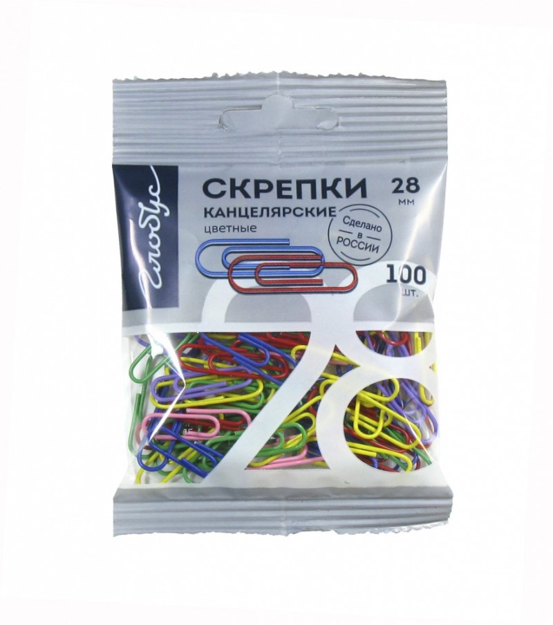 Скрепки 28мм Глобус 100шт/уп пласт покрытие цветные в пакете с европодвесом
